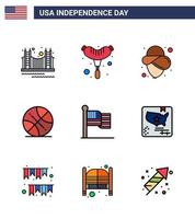 Set of 9 USA Day Icons American Symbols Independence Day Signs for flag usa sausage sports backetball Editable USA Day Vector Design Elements