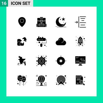 Modern Set of 16 Solid Glyphs Pictograph of jigsaw puzzle moon text indent Editable Vector Design Elements