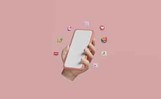 3d social media with hand holding mobile phone, smartphone icons isolated on pink background. online social, communication applications, minimal template  concept, 3d render illustration photo