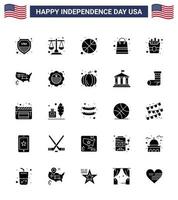 Pack of 25 USA Independence Day Celebration Solid Glyph Signs and 4th July Symbols such as food shop basketball packages bag Editable USA Day Vector Design Elements