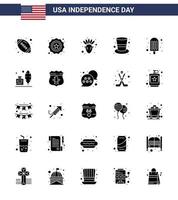 Set of 25 Modern Solid Glyph pack on USA Independence Day ice cream cream american magic hat cap Editable USA Day Vector Design Elements