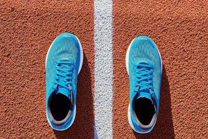 Blue running sneakers at stadium track photo