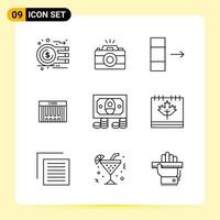 9 iconos creativos para el diseño moderno de sitios web y aplicaciones móviles receptivas. 9 signos de símbolos de contorno sobre fondo blanco. Paquete de 9 iconos. vector