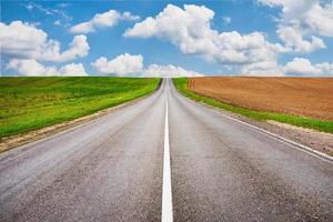 Road through green and agricultural fields photo