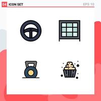 4 User Interface Filledline Flat Color Pack of modern Signs and Symbols of car lift bookcase dumbbell food Editable Vector Design Elements