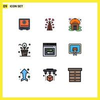 Universal Icon Symbols Group of 9 Modern Filledline Flat Colors of idea brainstorm tree yurt hut Editable Vector Design Elements