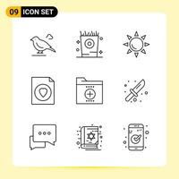 9 iconos creativos para el diseño moderno de sitios web y aplicaciones móviles receptivas. 9 signos de símbolos de contorno sobre fondo blanco. Paquete de 9 iconos. vector