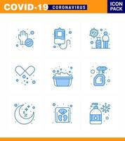 Coronavirus Prevention Set Icons 9 Blue icon such as hand washing open capsule tourist medicines drugs viral coronavirus 2019nov disease Vector Design Elements