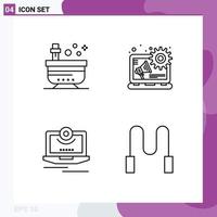 Line Pack of 4 Universal Symbols of bath camera tub digital advertising monitor Editable Vector Design Elements