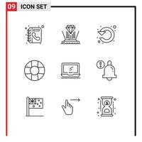 9 User Interface Outline Pack of modern Signs and Symbols of device computer circle lifebuoy up Editable Vector Design Elements