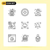 9 iconos creativos para el diseño moderno de sitios web y aplicaciones móviles receptivas. 9 signos de símbolos de contorno sobre fondo blanco. Paquete de 9 iconos. vector