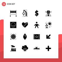 Solid Glyph Pack of 16 Universal Symbols of washing light currency person idea Editable Vector Design Elements