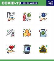 Paquete de iconos de corona de virus viral de color plano de 9 líneas rellenas, como inyección de píldora de jeringa química, lavado de elementos de diseño de vector de enfermedad de coronavirus viral 2019nov