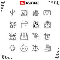 Estilo de línea de 16 iconos. símbolos de esquema creativos basados en cuadrículas para el diseño de sitios web. signos de icono de línea simple aislados en fondo blanco. 16 conjunto de iconos. vector