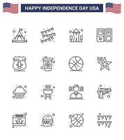 Set of 16 Modern Lines pack on USA Independence Day security usa needle sheild american Editable USA Day Vector Design Elements