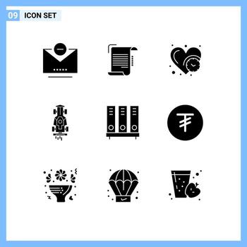 Pictogram Set of 9 Simple Solid Glyphs of archive racing clock game car Editable Vector Design Elements