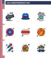 4th July USA Happy Independence Day Icon Symbols Group of 9 Modern Flat Filled Lines of hot i dog cola hot dog star Editable USA Day Vector Design Elements