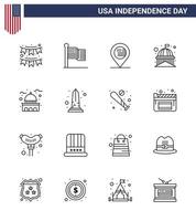 Pack of 16 USA Independence Day Celebration Lines Signs and 4th July Symbols such as white landmark usa house sign Editable USA Day Vector Design Elements