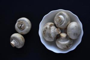 Porcini mushrooms in a white plate on a black background. Fruits of large white champignons close-up. Beautiful mushrooms in a plate. photo