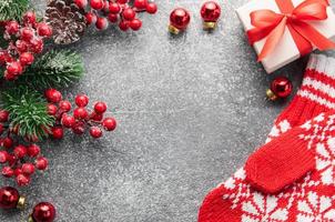 Christmas background with fir tree and decor. Top view with copy space photo