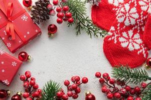 Christmas background with fir tree and decor. Top view with copy space photo