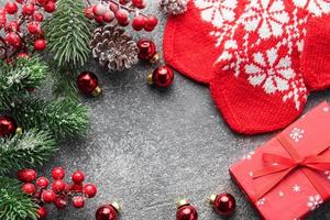 Christmas background with fir tree and decor. Top view with copy space photo