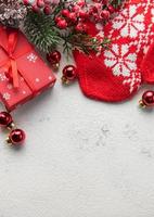 Christmas background with fir tree and decor. Top view with copy space photo