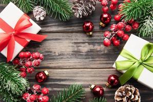 Christmas background with fir tree and decor. Top view with copy space photo