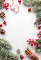 Christmas background with fir tree and decor. Top view with copy space photo