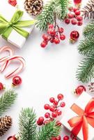 Christmas background with fir tree and decor. Top view with copy space photo