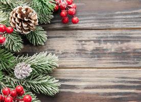 Christmas background with fir tree and decor. Top view with copy space photo