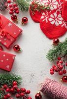 Christmas background with fir tree and decor. Top view with copy space photo