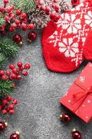 Christmas background with fir tree and decor. Top view with copy space photo
