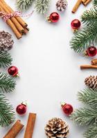 Christmas background with fir tree and decor. Top view with copy space photo