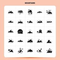 sólido conjunto de iconos de 25 montañas. conjunto de iconos negros de diseño de estilo de glifo vectorial. ilustración vectorial de diseño de ideas de negocios web y móviles. vector