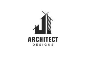 Letter J Simple modern building architecture logo design with line art skyscraper graphic vector