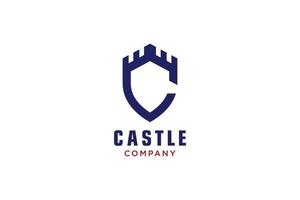 escudo creativo con castillo y logotipo c inicial, plantilla de logotipo vectorial. vector