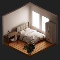 vista isométrica del dormitorio interior con fondo de estilo mínimo. concepto de hogar y decoración. representación de ilustración 3d foto