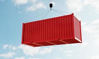 Red cargo containers with empty blank text for advertising mockup template on crane in depot warehouse with sky background. Business industrial and transportation concept. 3D illustration rendering photo