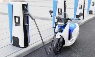 High-speed EV charging station for electric motorcycles on city streets with energy battery charging cable and plug. Innovative power and transportation industry concept. 3D illustration rendering