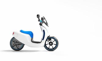 EV motorbike with charging station on isolated white background. Green energy technology and transportation concept. 3D illustration rendering photo