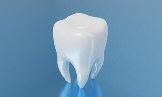 diente sobre fondo azul reflejan. bienestar médico y concepto de salud dental. representación de ilustración 3d foto