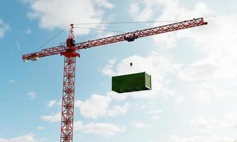 grúa alta con contenedor de carga verde en depósito con fondo de cielo. concepto industrial y de transporte empresarial. representación 3d de la ilustración foto