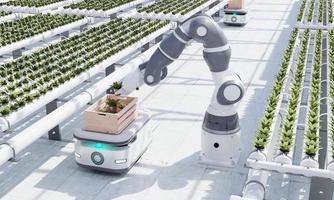 AGV robot courier cars transporting hydroponics vegetable crates to stock in warehouse for delivery to customers in greenhouse dome background. Smart farming and technology. 3D illustration rendering photo