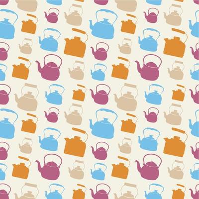 Seamless Colorful Pattern with Kettle. Vector background with different teapots. Endless kitchen texture.