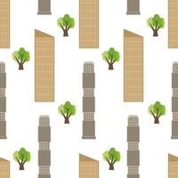 Seamless city background with modern houses and green trees. Vector illustration