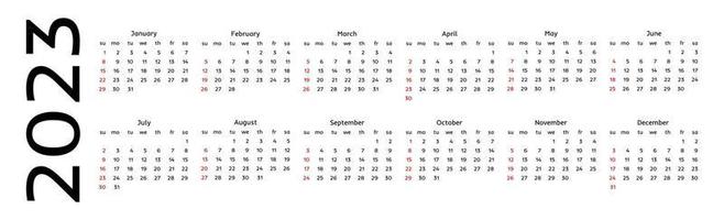 Horizontal calendar for 2023 isolated on a white background. Sunday to Monday, business template. Vector illustration