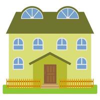 Private house with a green roof and green walls on a white background. Vector illustration.