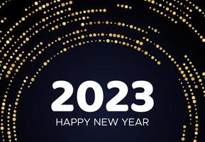 2023 Happy New Year of gold glitter pattern in circle form. Abstract gold glowing halftone dotted background for Christmas holiday greeting card on dark background. Vector illustration