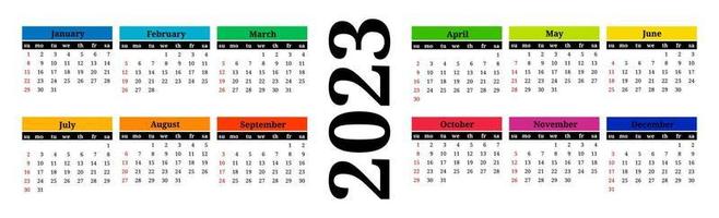 Horizontal calendar for 2023 isolated on a white background. Sunday to Monday, business template. Vector illustration